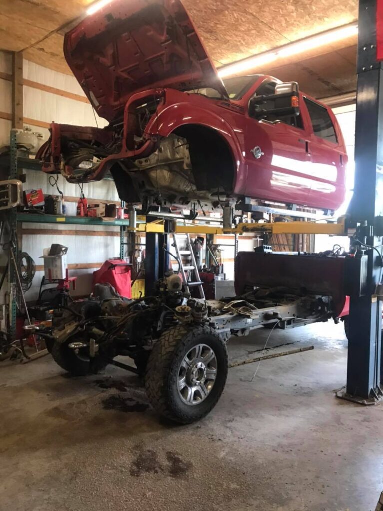 Ford Super Duty Powerstroke undergoing full cab-off diesel repair at Say-When Motorsports in Austin, Arkansas
