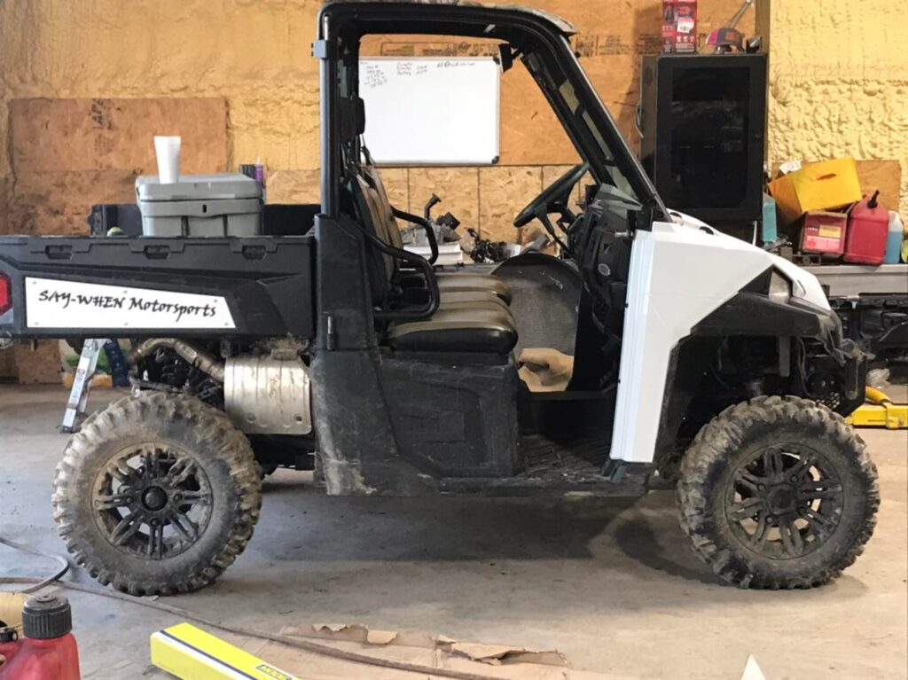 UTV side-by-side in shop for repair and customization at Say-When Motorsports in Austin, Arkansas